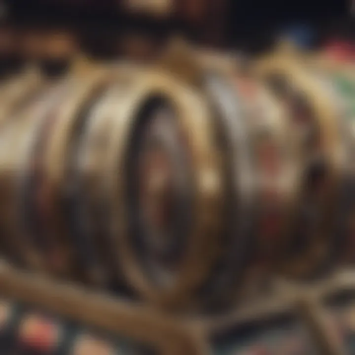 A close-up of slot machine reels depicting various symbols.