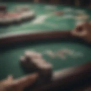 Close-up of a poker table with chips and cards