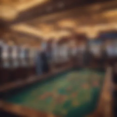 An overview of a bustling casino floor with high limit coin pushers prominently displayed