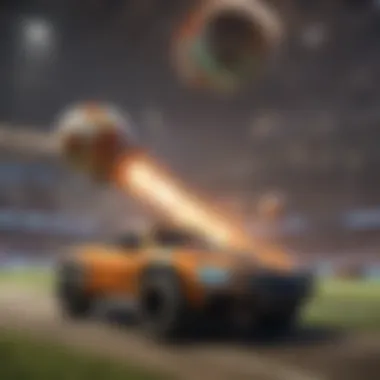 A dynamic scene depicting Rocket League gameplay with vibrant cars and a soccer ball.