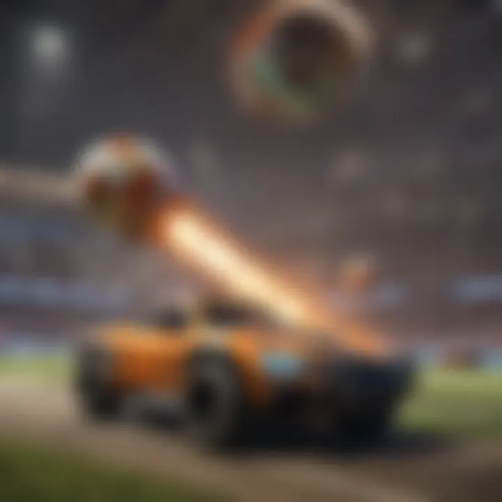 A dynamic scene depicting Rocket League gameplay with vibrant cars and a soccer ball.