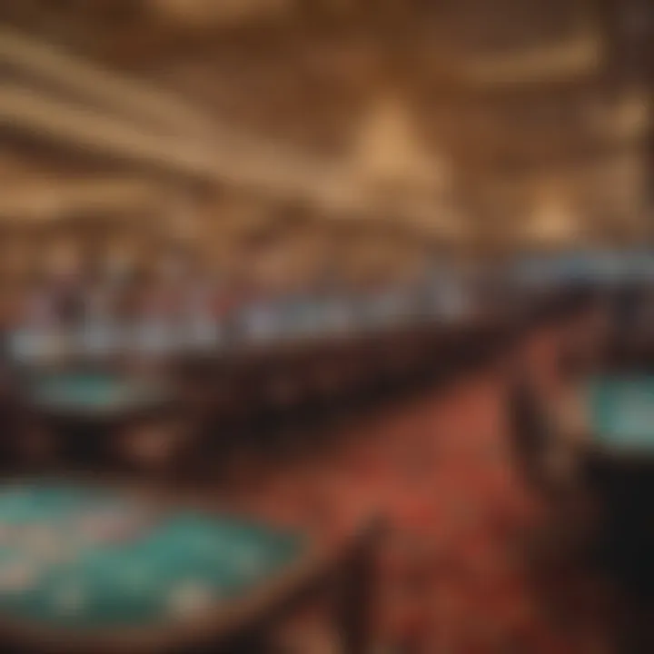 Interior view of a bustling casino floor with gaming tables