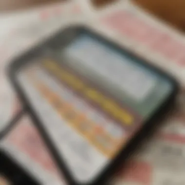 Close-up of a lottery ticket and a smartphone displaying lottery results