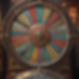 Close-up view of a spinning Wheel of Fortune slot machine.