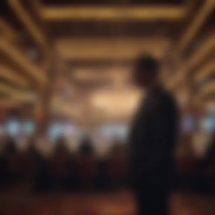 A mysterious figure silhouetted against a backdrop of casino lights